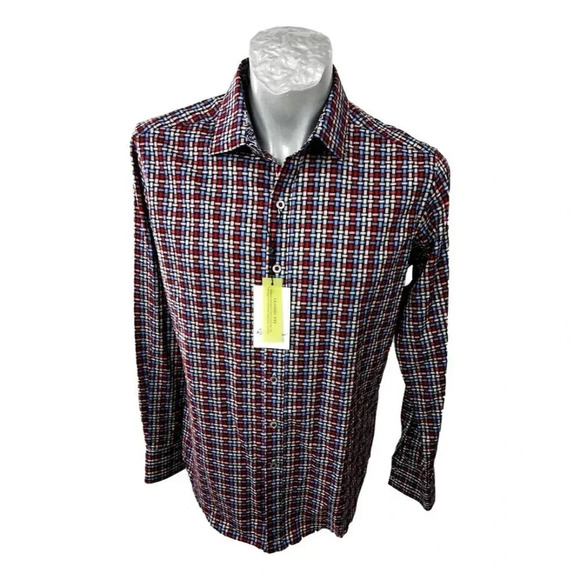 Robert  Graham Plaid Shirt Geometric Red Blue White Size S Tags New - Picture 1 of 5